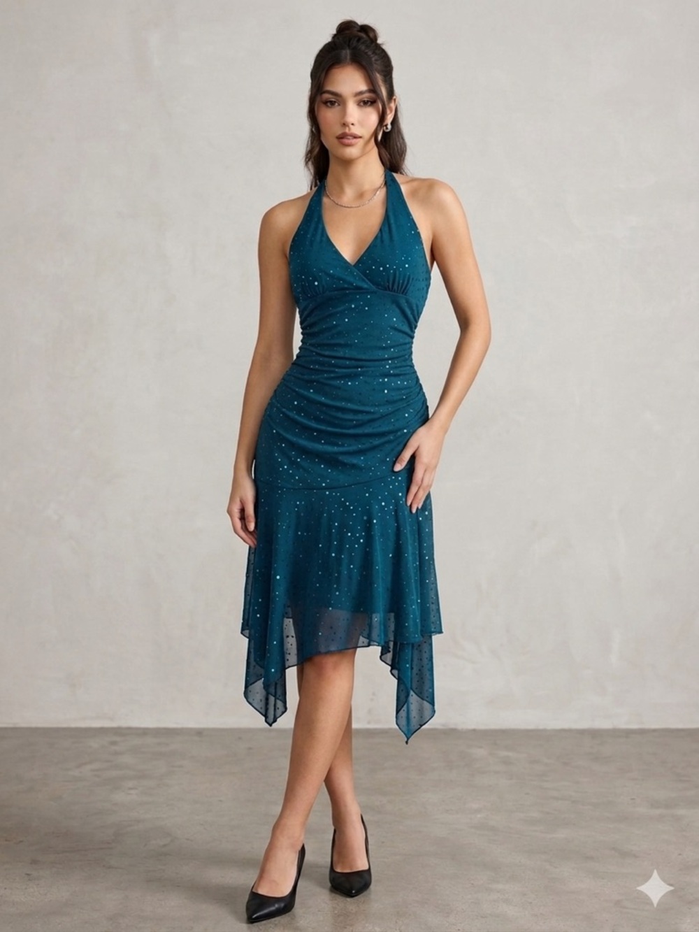City Triangles y2k Teal Halter Sparkle High-Low Dress M sequin vintage M sexy